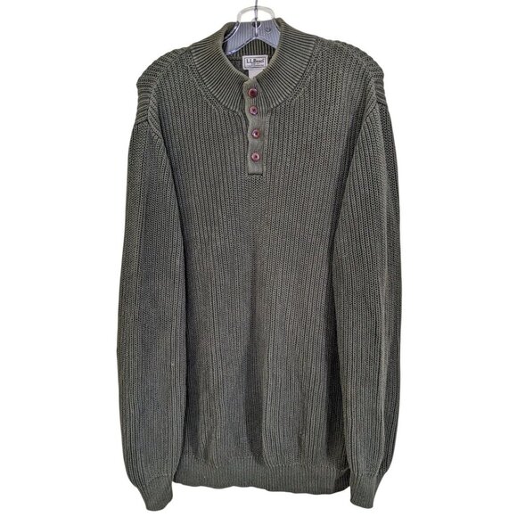 LL Bean Sweater Mens XL Tall Green Henley Cotton Ribbed Knit Pullover Outdoors - Picture 1 of 4